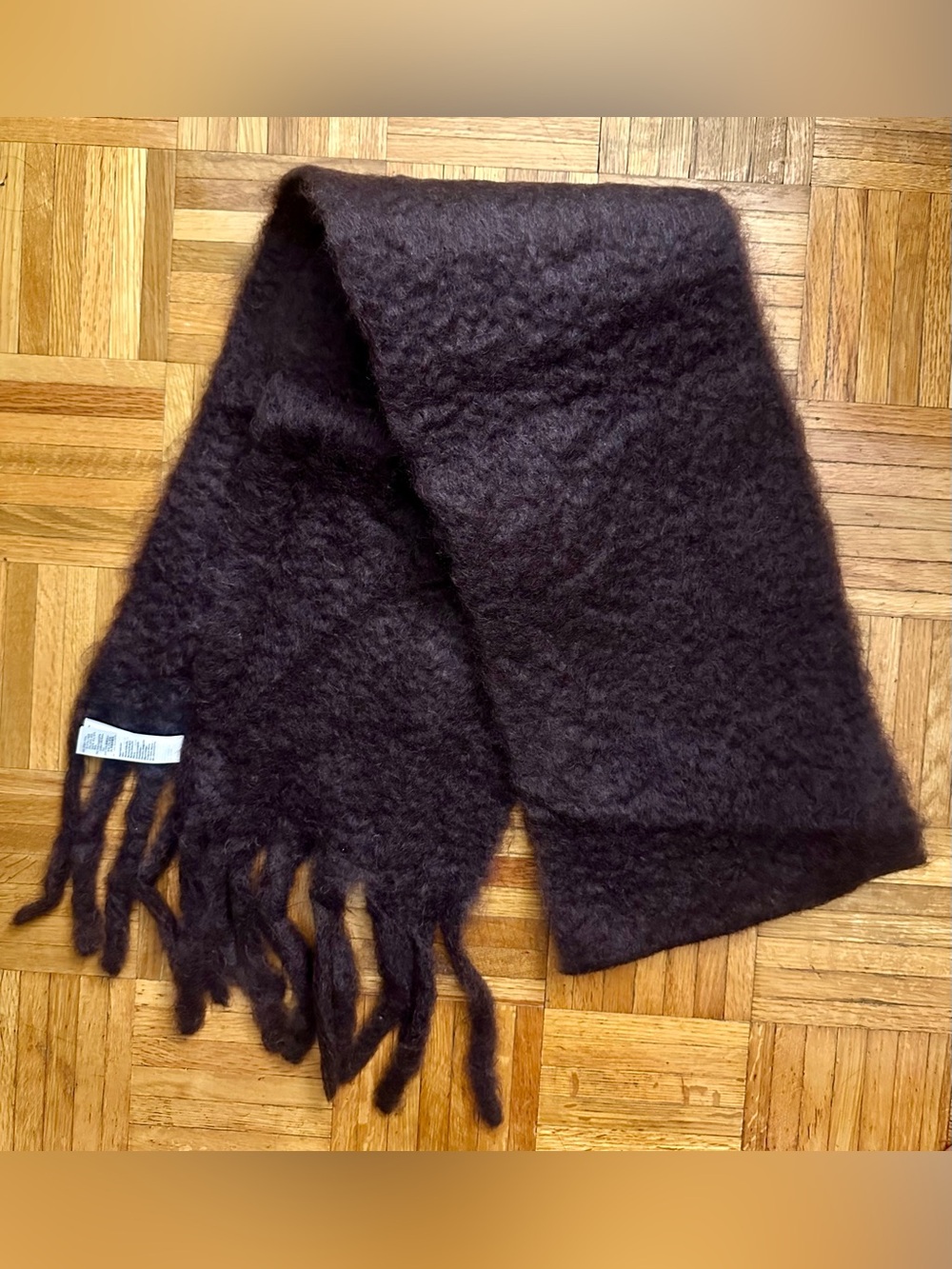 COS mohair wool fringed brushed scarf burgundy deep plum chunky oversized fuzzy - Picture 7 of 14